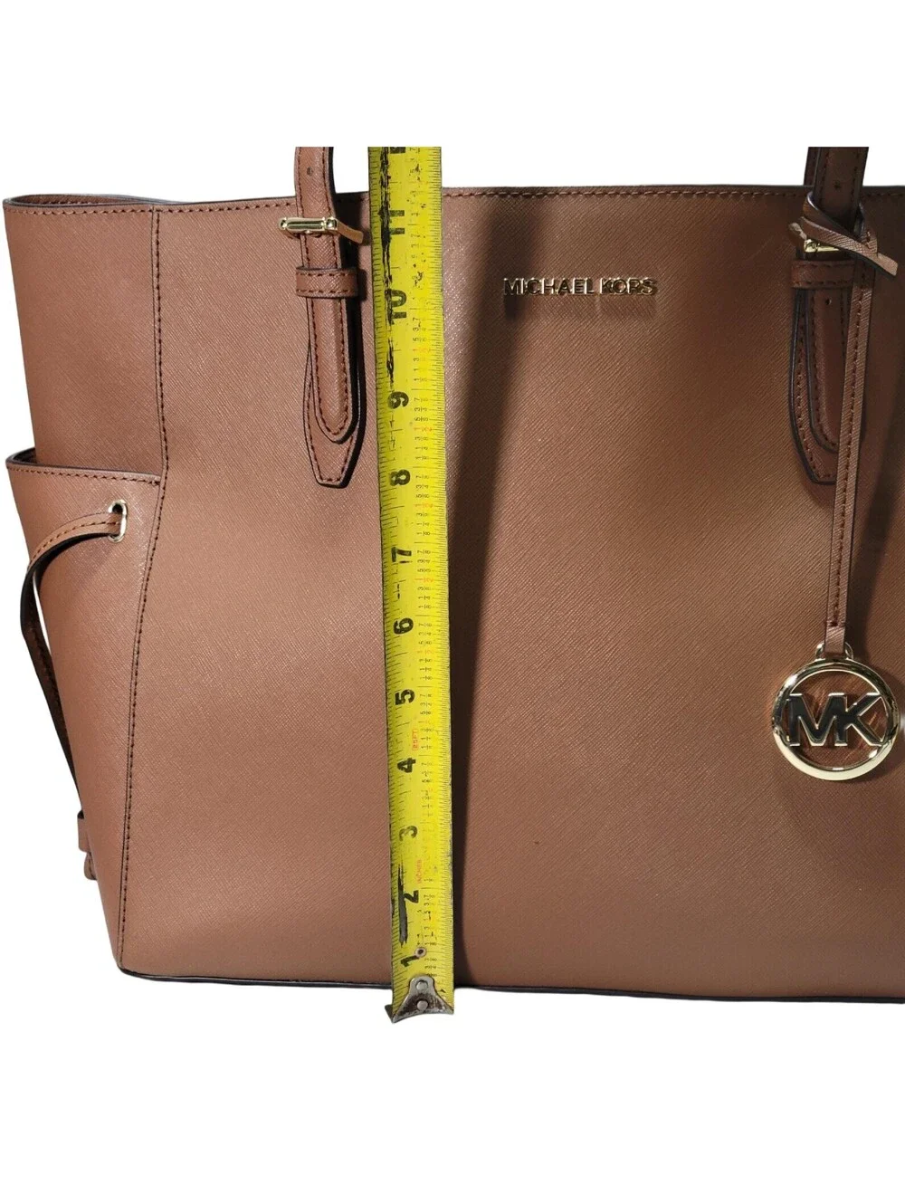 Michael Kors Brown Saffiano Medium Tote Zip Top Gold Hardware Charm Pockets